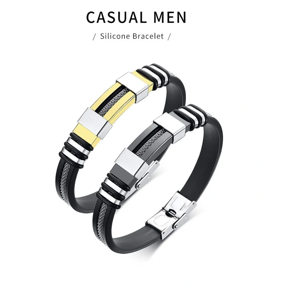 Water resistant Groove Wrap Men Metal Poly Stainless Steel Duo Bracelet
